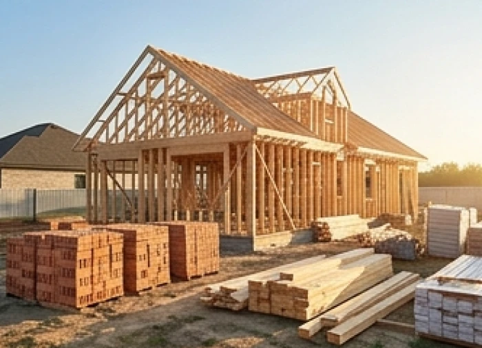 Ngôi nhà gỗ đang trong quá trình xây dựng nền móng với vật liệu xếp ngay ngắn xung quanh