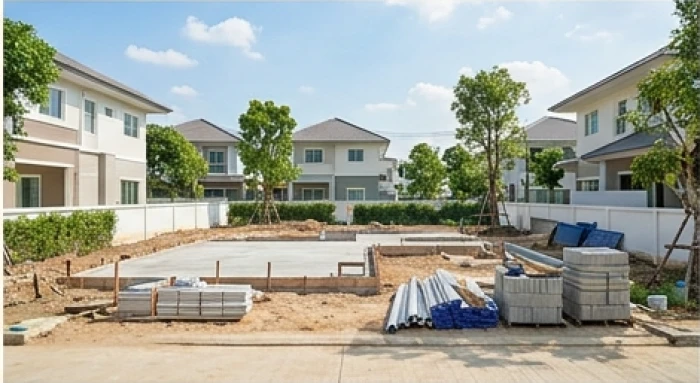 Khu đất trống chuẩn bị thi công xây nhà được rào chắn cẩn thận trong ngày nắng đẹp tại vùng ngoại ô
