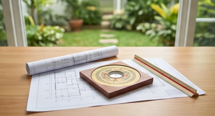 Bản vẽ thiết kế nhà và la bàn phong thủy giúp gia chủ tuổi Nhâm Tuất tính toán mượn tuổi động thổ