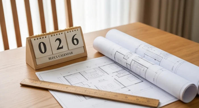 Bản vẽ thi công nhà ở đặt cạnh cuốn lịch âm dương ghi chú vận hạn tuổi mụ 70 năm Bính Ngọ
