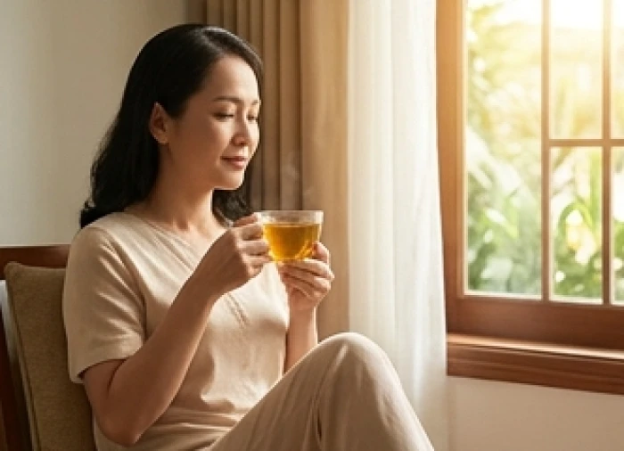 Nữ giới tuổi 41 thư giãn bên tách trà thảo mộc nhằm giảm căng thẳng và cải thiện chất lượng giấc ngủ