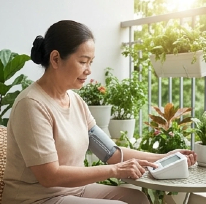 Người phụ nữ Tân Sửu tuổi 67 tự kiểm tra huyết áp tại ban công nhiều cây xanh vào buổi sáng bình yên