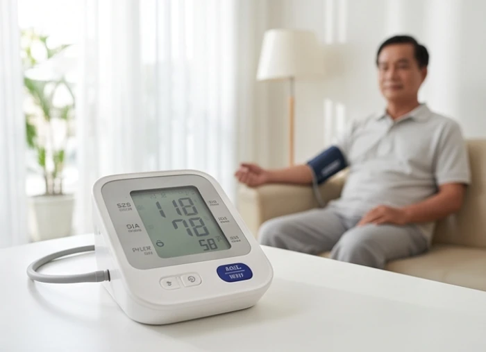 Nam giới tuổi quý sửu 1973 kiểm tra chỉ số huyết áp tại phòng khám y tế với thiết bị chuyên dụng hiện đại