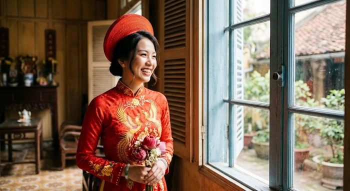 Cô dâu Việt Nam rạng rỡ trong chiếc áo dài đỏ truyền thống chuẩn bị cho lễ rước dâu