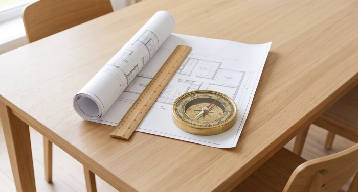 Bản thiết kế ngôi nhà và la bàn phong thủy đặt trên bàn thảo luận phương án mượn tuổi làm nhà năm 2027