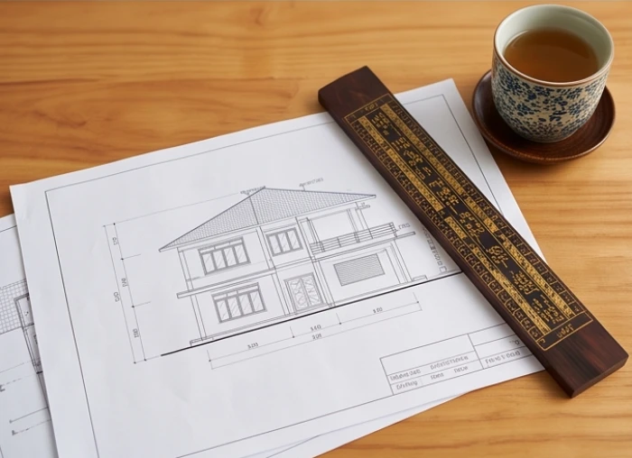 Bản vẽ thiết kế ngôi nhà cùng thước lỗ ban phong thủy trên bàn gỗ chuẩn bị cho kế hoạch động thổ năm 2027