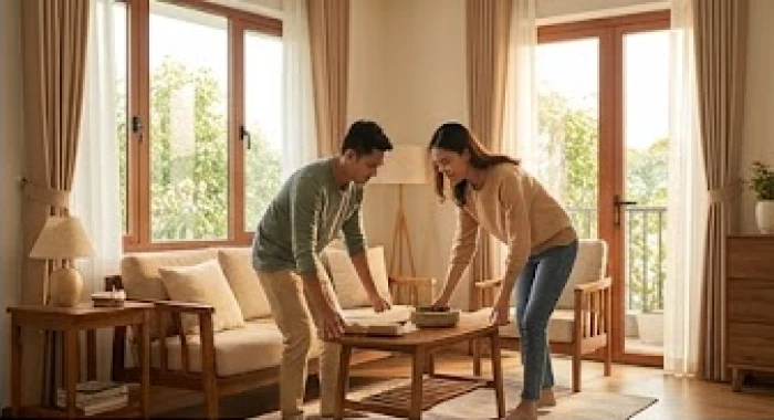 Gia đình trẻ đang cùng nhau sắp xếp lại đồ đạc trong không gian phòng khách ấm cúng