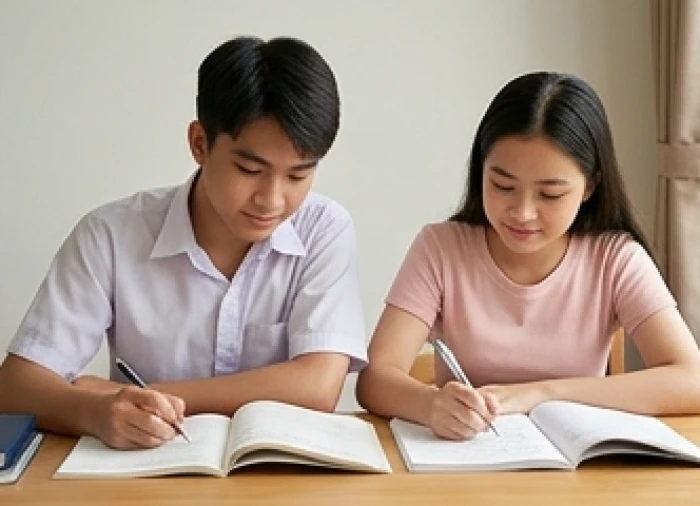 Nam nữ học sinh 17 tuổi Canh Dần tập trung giải bài tập mà không bị ảnh hưởng bởi hạn Hoang Ốc