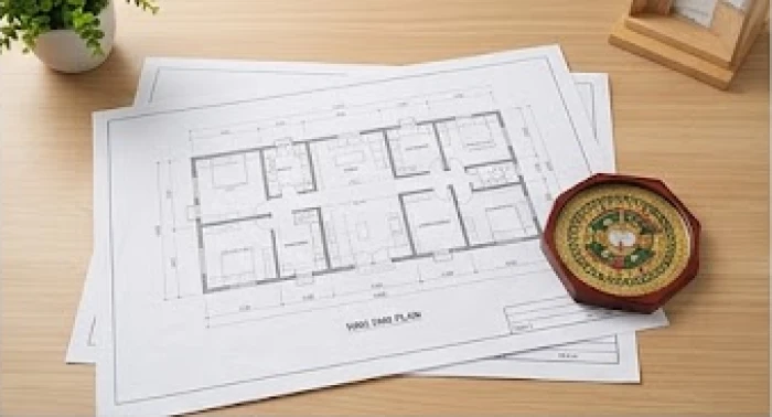 Bản vẽ thiết kế ngôi nhà mới cùng la bàn phong thủy cho kế hoạch động thổ năm 2026