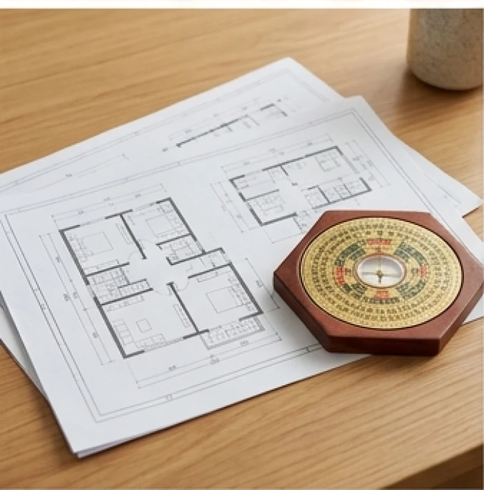 Bản vẽ kiến trúc nhà ở cùng la bàn phong thủy đặt trên bàn làm việc bằng gỗ sáng màu
