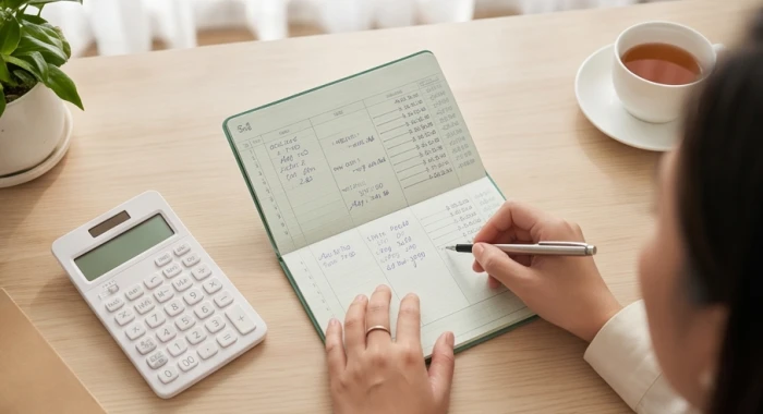 Phụ nữ Quý Dậu xem xét cẩn thận sổ sách quản lý tài chính cá nhân bên bàn trà tại nhà