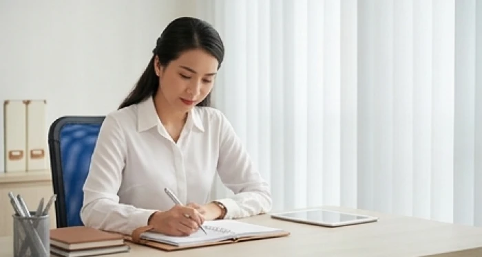 Người phụ nữ tuổi Đinh Sửu bình tĩnh lập kế hoạch giải quyết áp lực công việc tại văn phòng sáng sủa