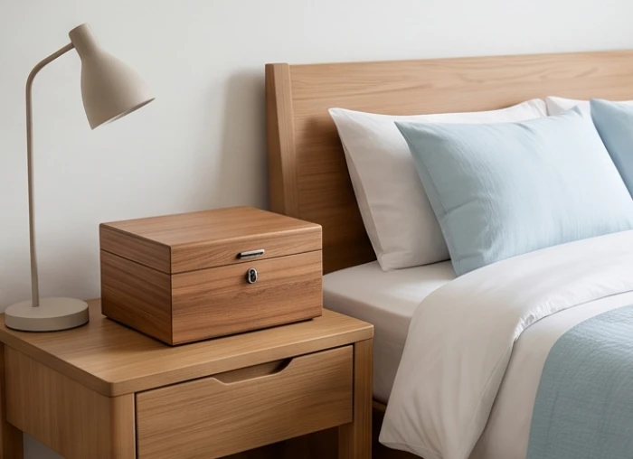 Chiếc hộp gỗ nhỏ gọn được khóa cẩn thận dùng để cất giữ các giấy tờ quan trọng và tài sản có giá trị trong phòng ngủ