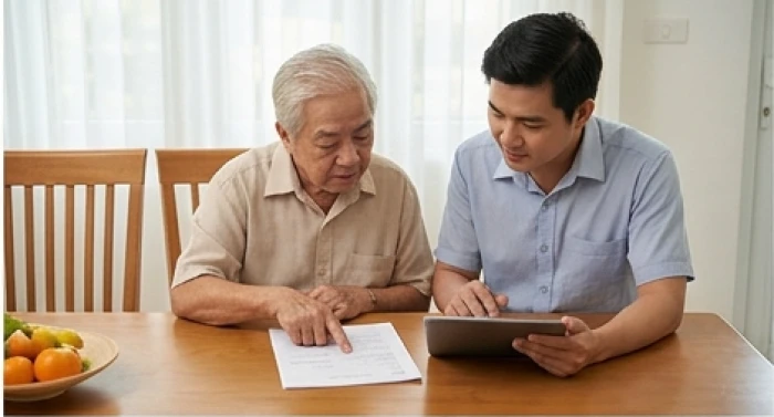 Người lớn tuổi cùng con cháu cẩn trọng xem xét kỹ lưỡng hợp đồng và thông tin tài chính tại nhà