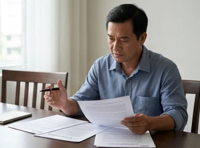 Người đàn ông trung niên đang xem xét kỹ lưỡng các hợp đồng và giấy tờ trên bàn