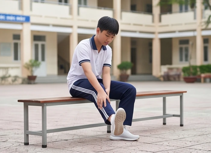 Học sinh nam tuổi giáp ngọ khởi động kỹ khớp cổ tay và mắt cá chân trước giờ tập thể thao nhằm phòng hạn tam kheo