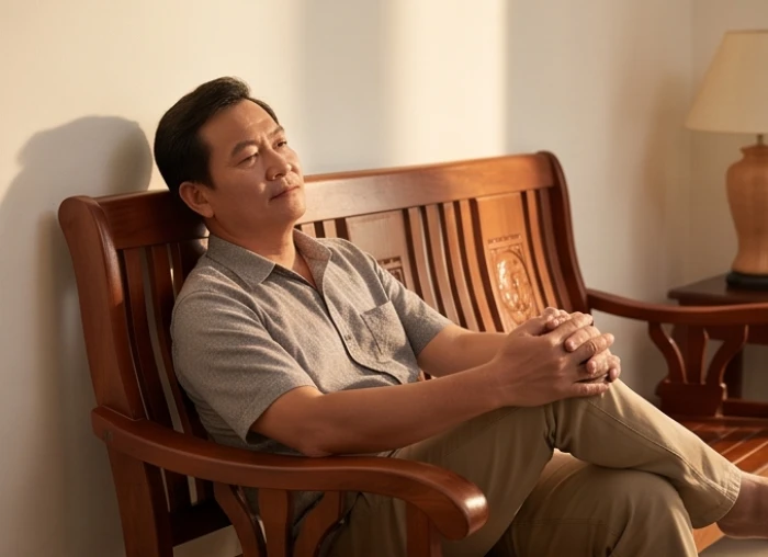 Người đàn ông trung niên ngồi thư giãn trên ghế gỗ nhẹ nhàng xoa bóp và chăm sóc vùng khớp gối