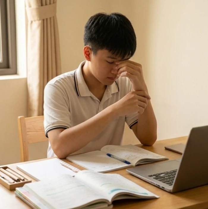 Học sinh nam nghỉ ngơi thư giãn mắt và khởi động khớp tay khi ôn thi liên tục trước hạn Tam Kheo