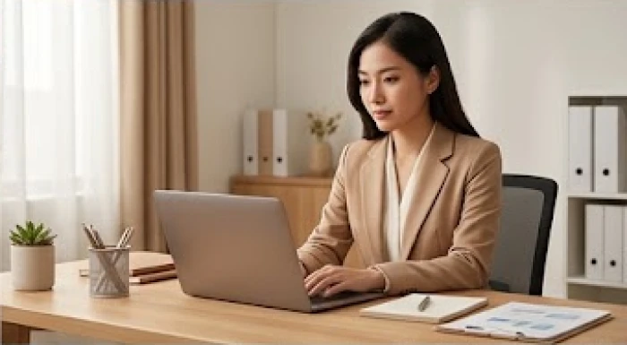 Nữ giới giữ vững sự tập trung làm việc bên máy tính để ổn định sự nghiệp trong năm tam tai 2026
