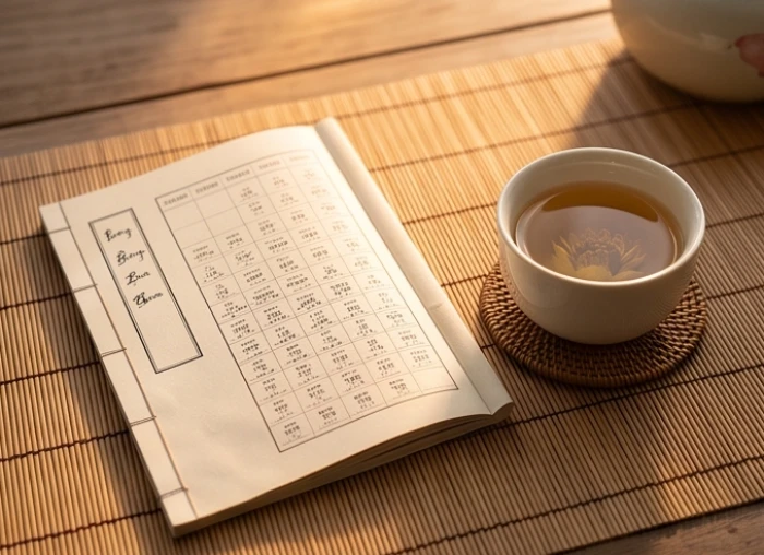 Cuốn sổ ghi chép phong thủy mở ra bên cạnh tách trà sen nóng hổi