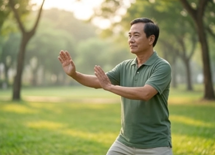 Người đàn ông lớn tuổi tập dưỡng sinh nhẹ nhàng trong công viên buổi sáng giúp giải tỏa lo âu do hạn Thiên La mang lại
