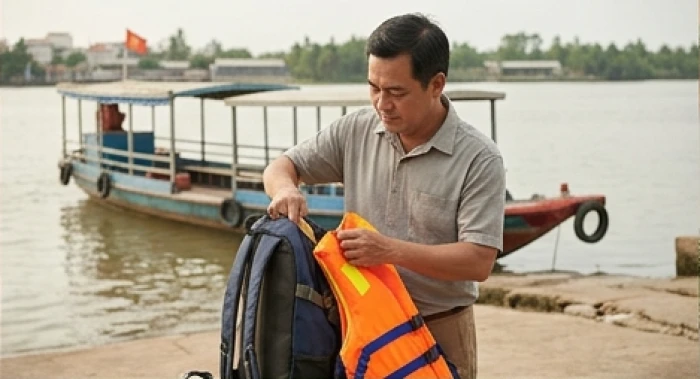 Người đàn ông tuổi Đinh Mão 1987 kiểm tra hành lý cẩn thận bên chiếc áo phao trước chuyến hành trình qua sông nước