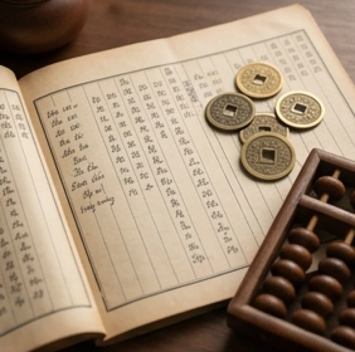 Sổ sách chi tiêu và những đồng tiền xu cổ tượng trưng cho việc quản lý tài chính trước hạn Toán Tận