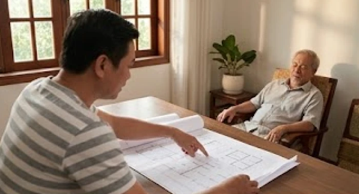 Người con trai trong gia đình đứng bàn bạc bản vẽ sửa chữa cải tạo nhà cửa thay cho cụ ông Canh Thìn