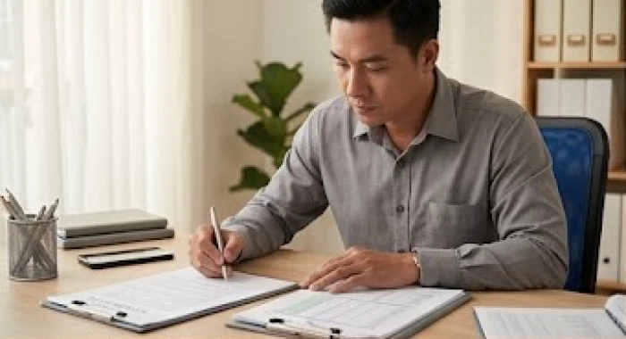 Gia chủ tuổi Ngọ xem xét kỹ lưỡng tài liệu hợp đồng và sổ sách tài chính tại bàn làm việc yên tĩnh