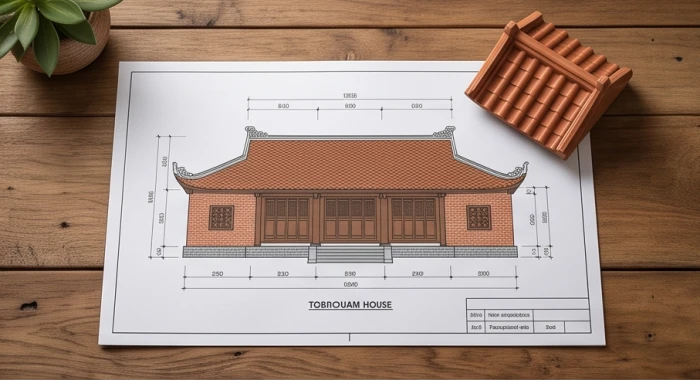 Mô hình ngôi nhà ngói đỏ truyền thống cùng bản vẽ thiết kế thi công đặt gọn gàng trên bàn làm việc bằng gỗ