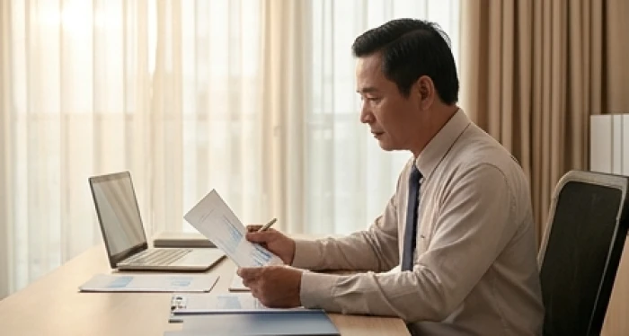 Doanh nhân tuổi Sửu kiểm tra lại các điều khoản hợp đồng kinh doanh trong không gian làm việc nghiêm túc