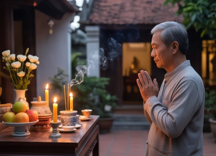 Gia chủ thành kính chắp tay vái lạy trước mâm cúng dâng sao trong khung giờ cát tường