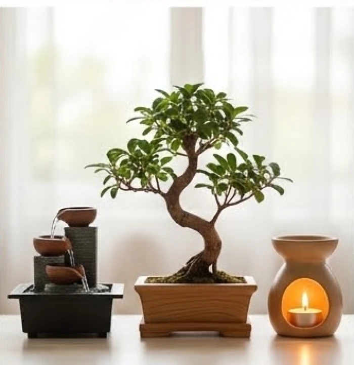 Cây cảnh bằng gỗ nhỏ đặt khéo léo giữa một đài phun nước mini và chiếc đèn xông tinh dầu đang tỏa nhiệt