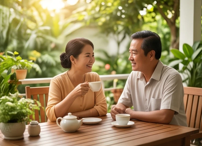 Cặp vợ chồng tuổi Ngọ cùng nhau thưởng trà và trò chuyện vui vẻ bên bàn trà gỗ trong sân vườn tràn ngập ánh nắng
