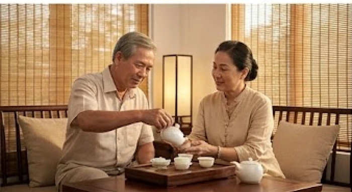 Người chồng đang ân cần rót trà mời vợ trong phòng khách mang đậm phong cách Á Đông
