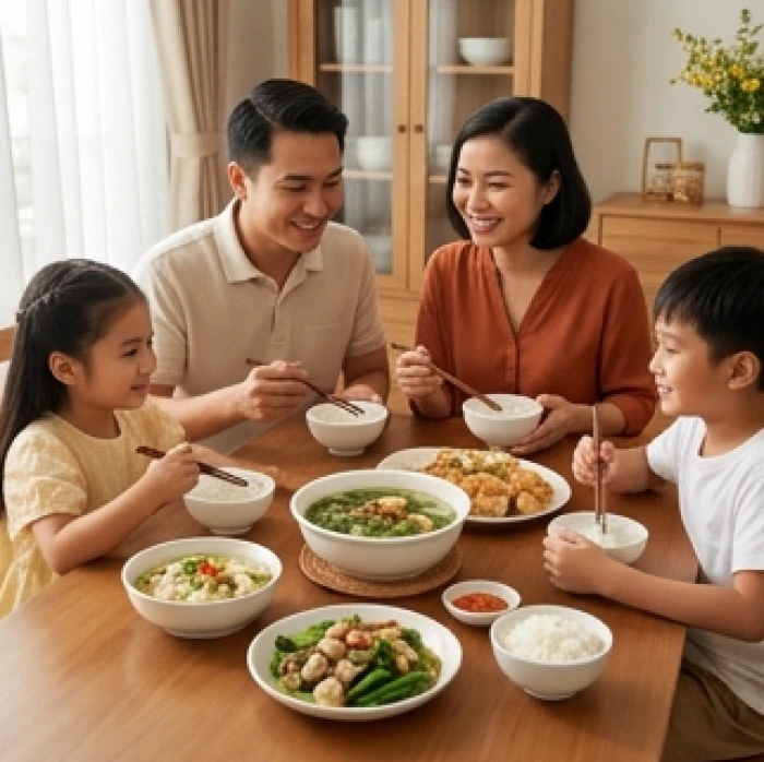 Gia đình nhỏ quây quần vui vẻ bên mâm cơm ấm cúng với những món ăn truyền thống mang đậm nét văn hóa Việt Nam