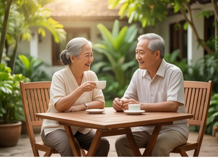 Hai vợ chồng lớn tuổi trò chuyện ấm áp bên bàn trà trong sân vườn xanh mát của gia đình