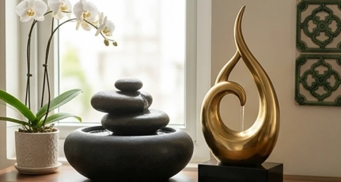 Tiểu cảnh thác nước và đồ trang trí kim loại giúp làm dịu năng lượng Thổ vượng cho người tuổi Tuất