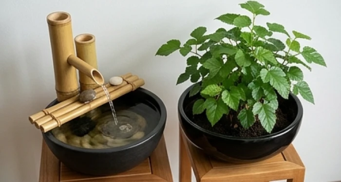 Tiểu cảnh thác nước mini chảy tuần hoàn bên cạnh chậu cây dâu tằm minh họa quy luật Thủy sinh Mộc dưỡng khí