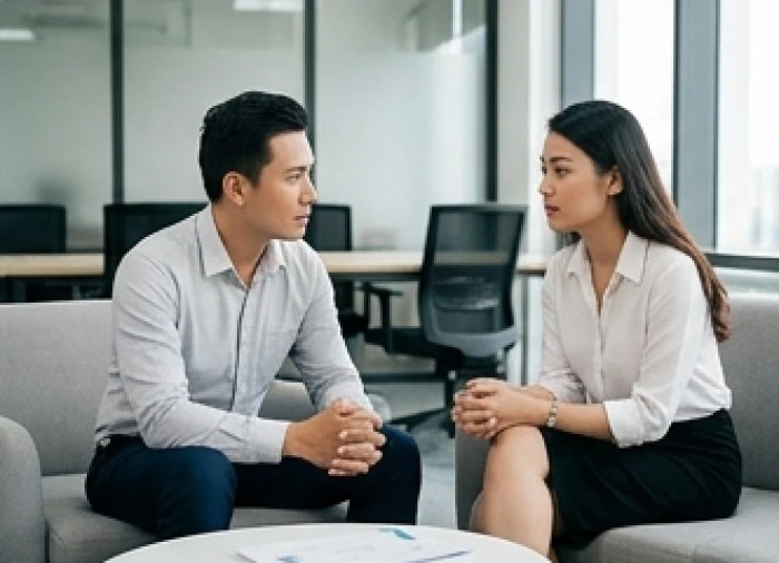 Hai đồng nghiệp nam và nữ thảo luận công việc với biểu cảm điềm tĩnh