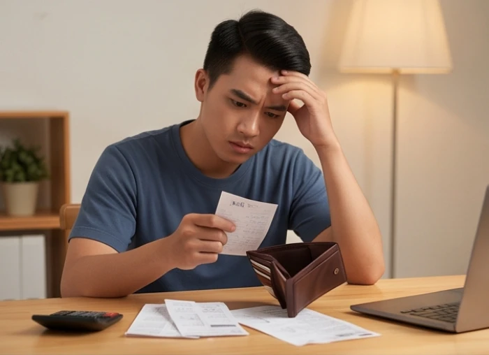 Thanh niên Ất Dậu 2005 đang kiểm tra ví tiền rỗng và các hóa đơn sinh hoạt