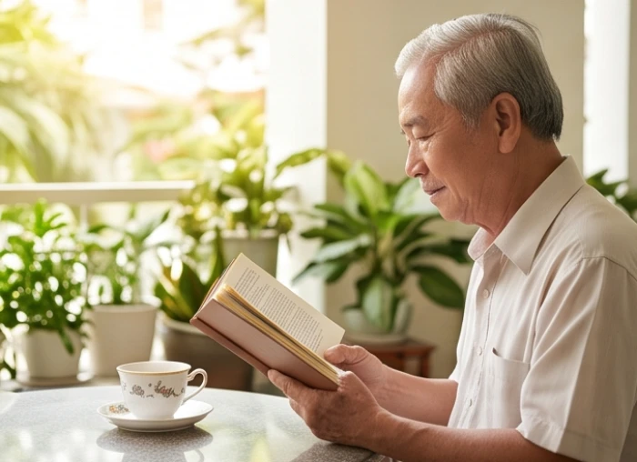 Gia chủ nam mạng tuổi 1948 thư thái đọc sách và thưởng trà trong không gian hiên nhà ngập tràn ánh sáng tự nhiên