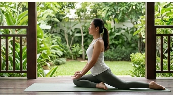 Phụ nữ trung niên Mậu Dần thư thái tập yoga và thưởng trà trong khu vườn xanh mát lúc hậu vận