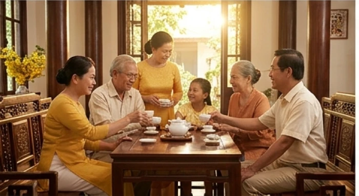 Gia đình êm ấm của nam mạng Mậu Dần bên con cháu trưởng thành trong không gian phòng khách truyền thống
