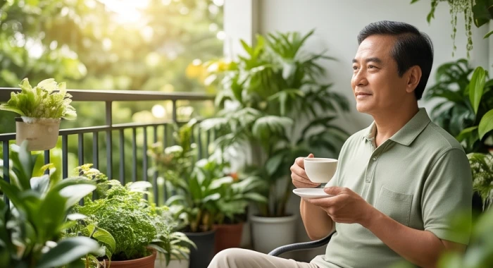 Người nam tuổi Bính Tý tận hưởng hậu vận an nhàn và thư thái bên vườn trà sau thời gian tích lũy tài sản