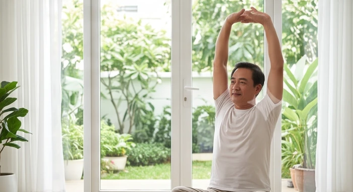 Người đàn ông trung niên thong thả tập luyện thể dục buổi sáng trong không gian gia đình thanh bình và thư thái
