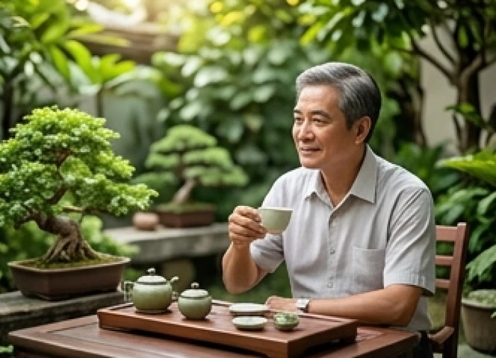 Người đàn ông nam mạng nhâm tý ngoài 50 tuổi an nhàn thưởng trà trong sân vườn xanh mát thảnh thơi lúc hậu vận