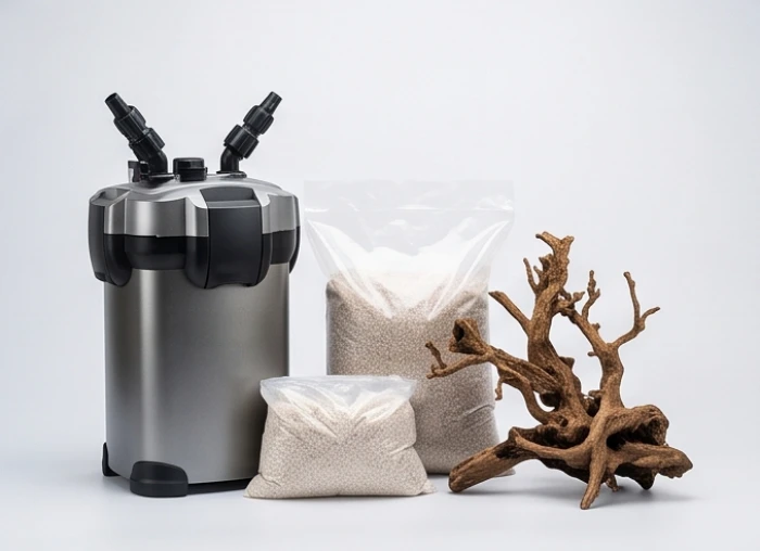 Các phụ kiện lọc nước và vật liệu trang trí hồ cá chất lượng cao được bố trí gọn gàng