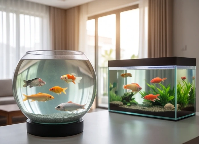 Bể cá kính hình tròn và hình vuông được bài trí cân đối trong không gian nội thất hợp chuẩn quy tắc định lượng