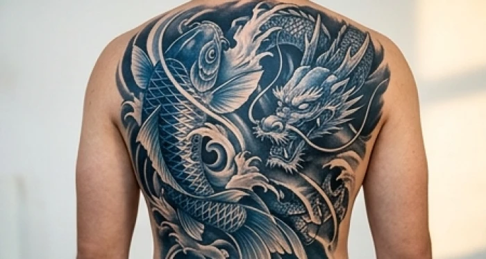 Đường nét xăm cá chép hóa rồng kín lưng với phần đầu rồng uy nghi vươn cao đầy mạnh mẽ